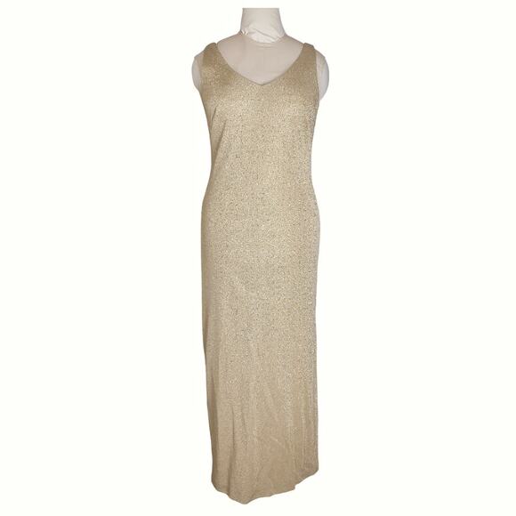 LAUNDRY Metallic Maxi Dress Size 6 Gold Lame Stretch Knit Sexy Bodycon Side Slit - Picture 1 of 12
